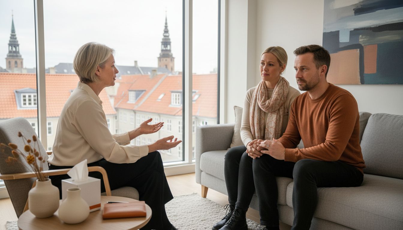 Anxious couple meets therapist in Copenhagen office