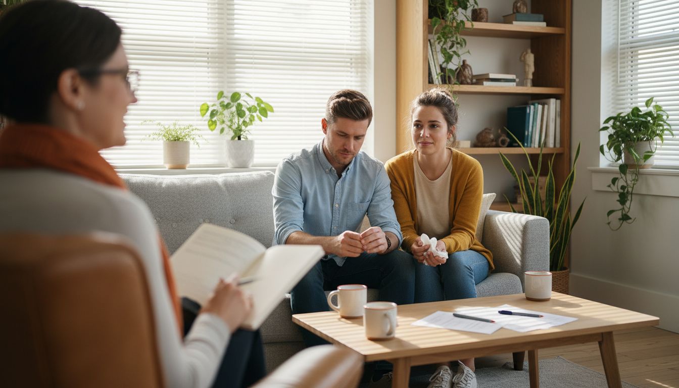 Couple sitting with therapist in bright office