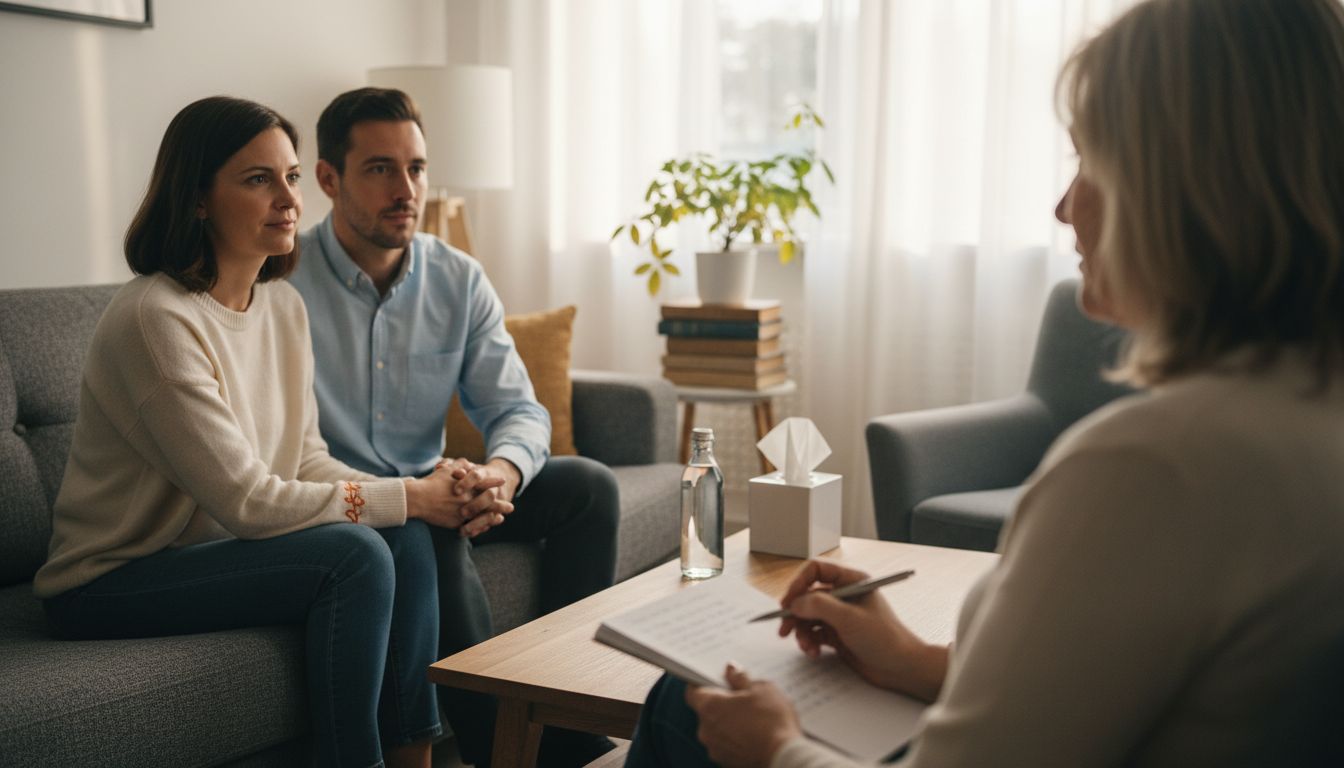 Couple and therapist in sunlit office