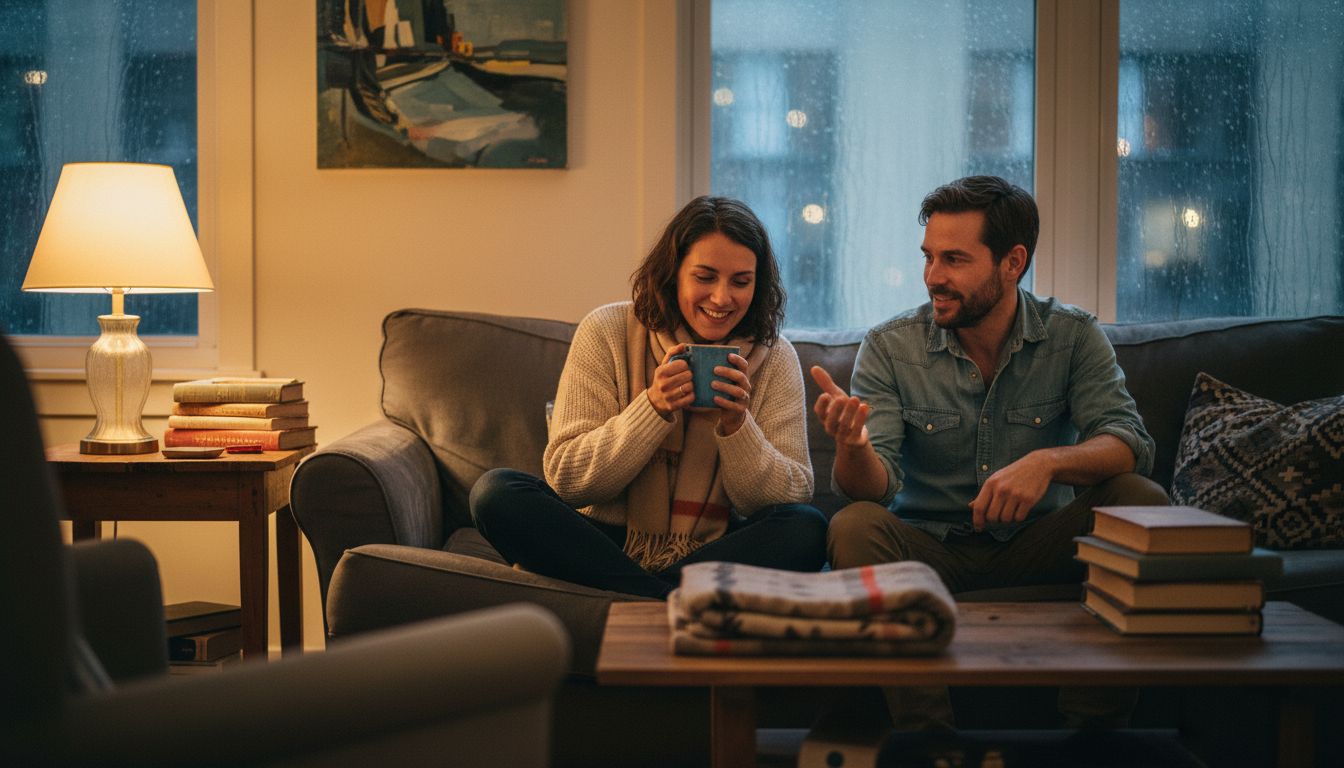 Couple talking on sofa in cozy living room