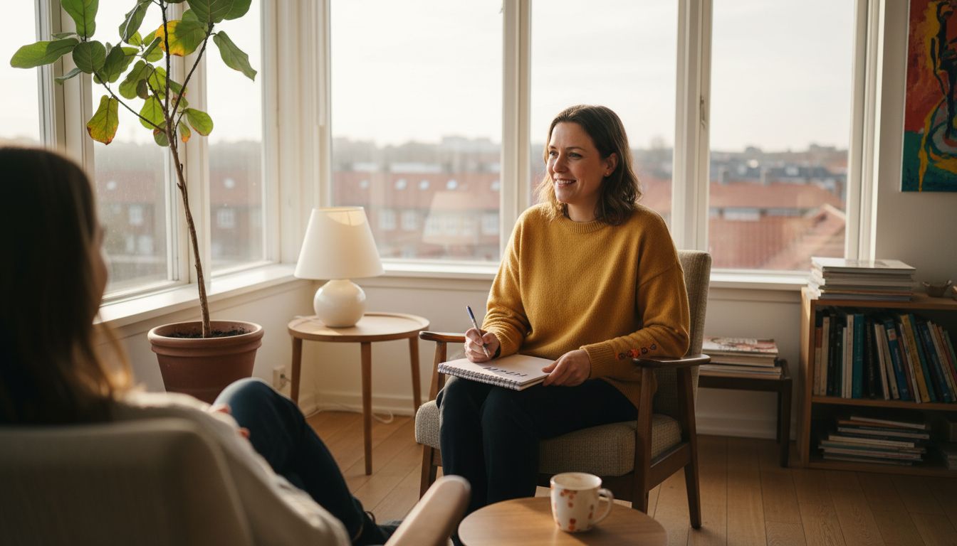 Samtale mellem psykolog og klient i hyggeligt terapilokale på Frederiksberg