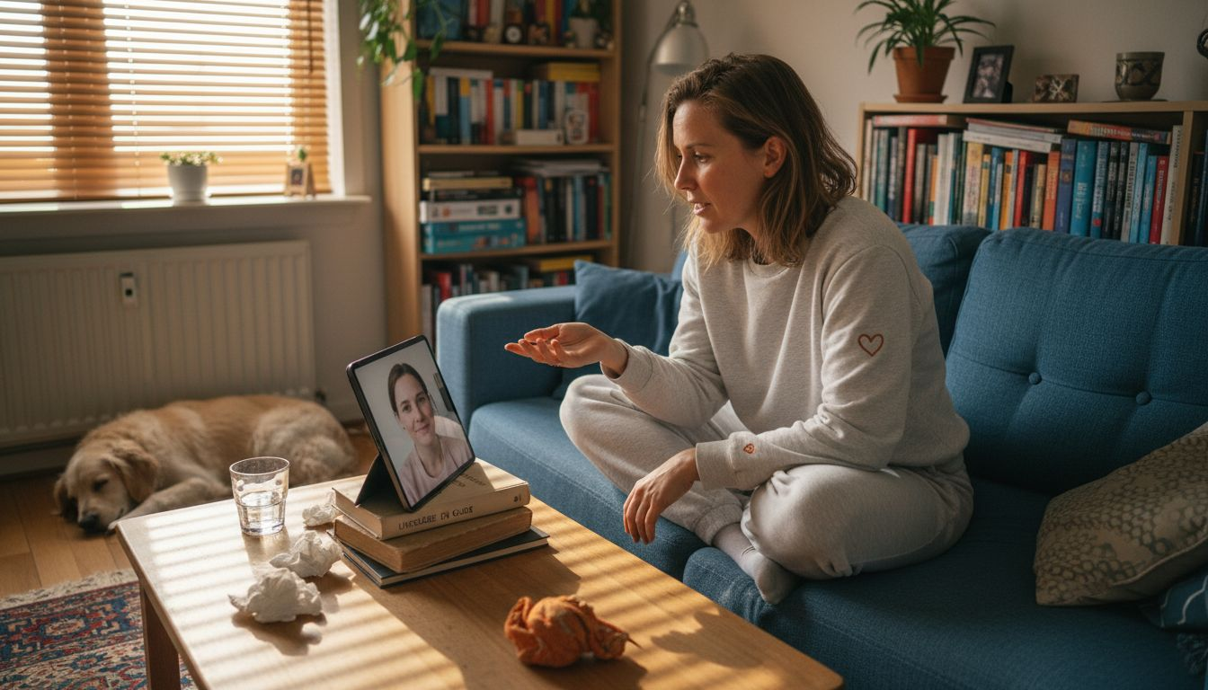 Kvinde sidder hjemme i stuen og deltager i en online terapisession