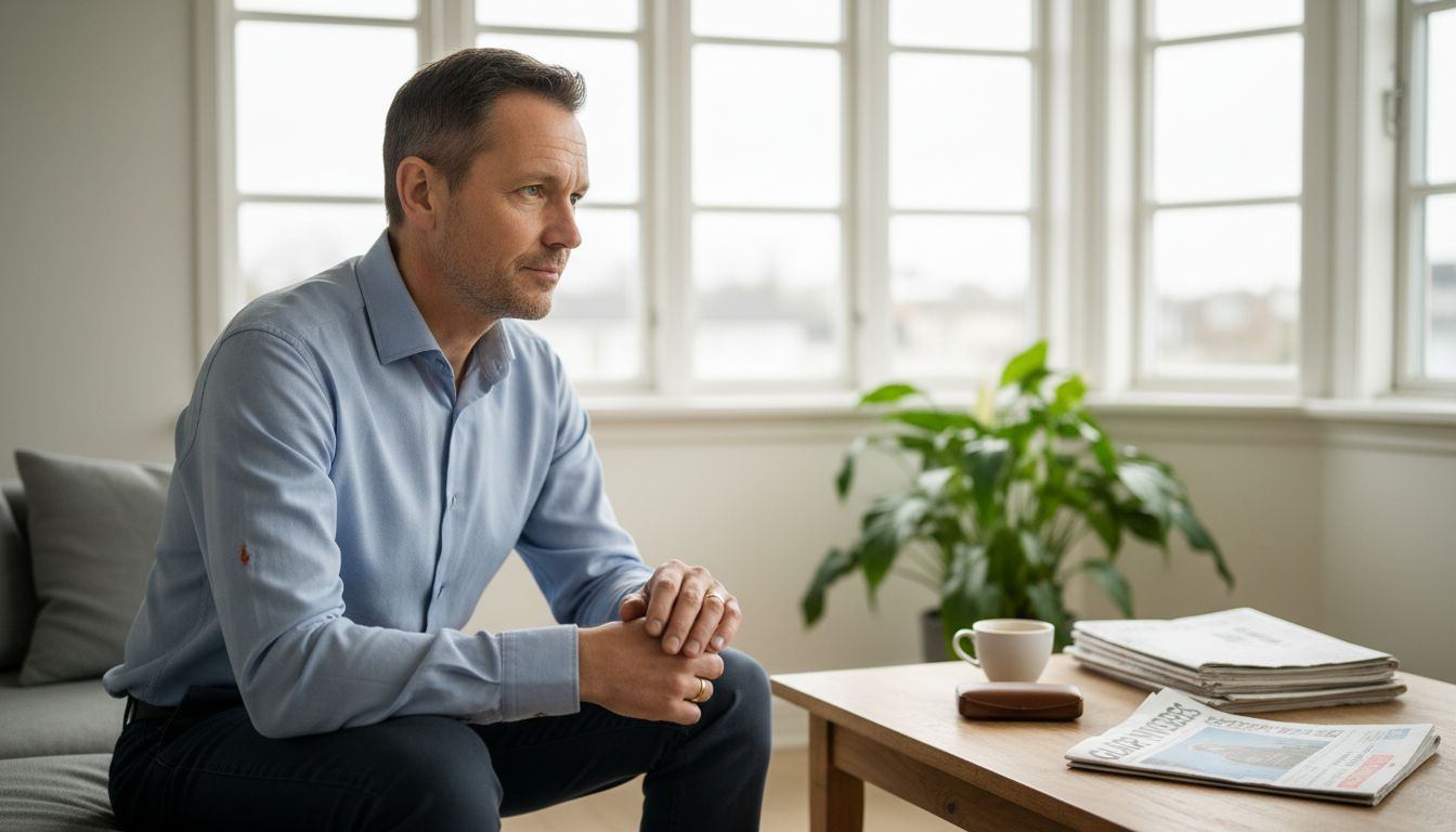 En mand sidder og funderer midt i et rodet stuekaos