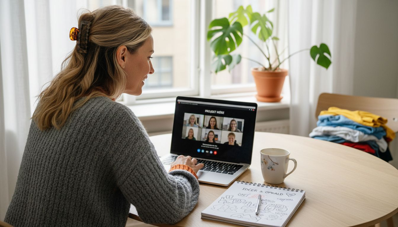 Kvinde sidder ved køkkenbordet derhjemme og har en videosamtale med sin terapeut