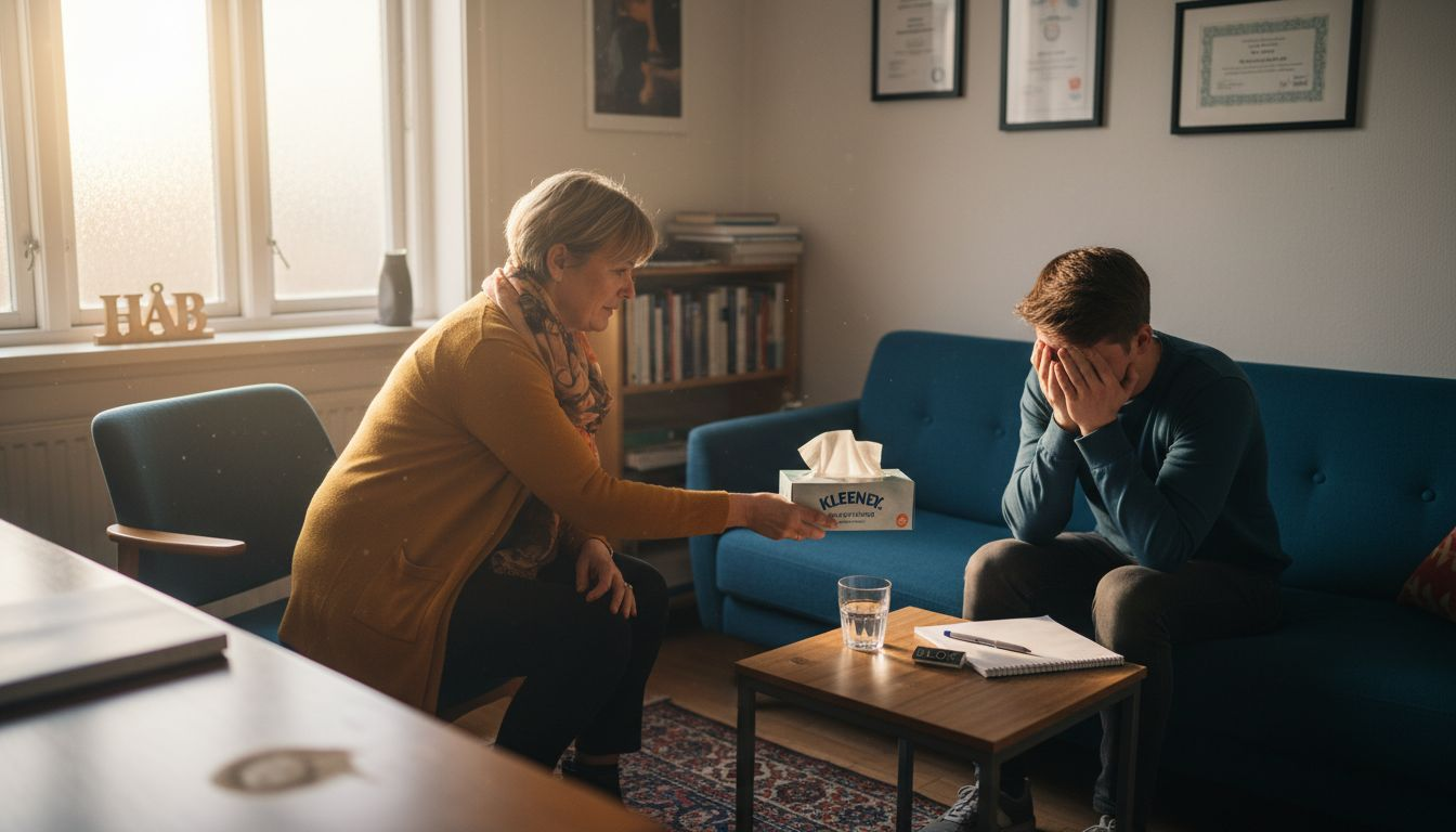 Psykologen rækker en pakke servietter frem til klienten, der har fået tårer i øjnene.