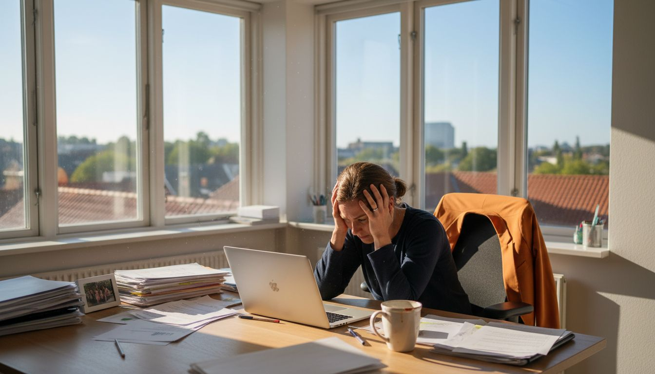 En presset kvinde sidder ved sit overfyldte skrivebord i et lyst kontor, hvor solen strømmer ind gennem vinduerne.