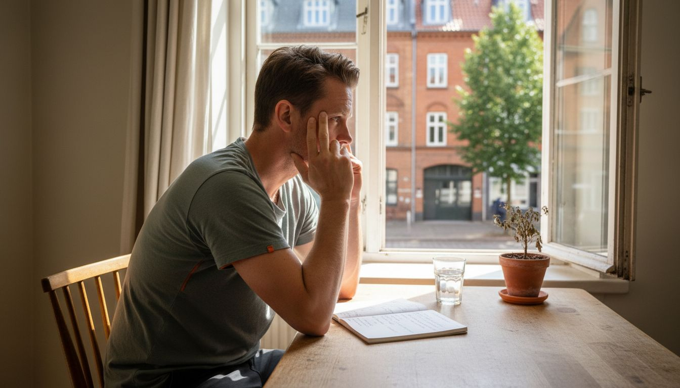 En mand sidder ved spisebordet og forsøger at finde ro midt i hverdagens stress.