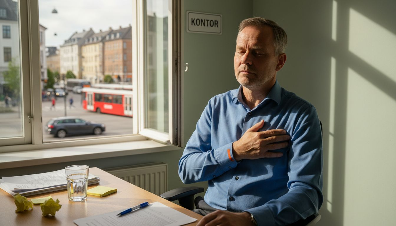 Mand på kontor ser presset ud og tager sig til brystet
