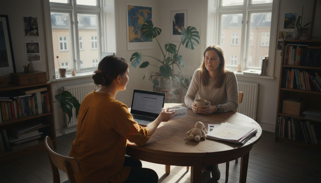 En mor sidder til samtale med psykologen på kontoret i hjørnet.