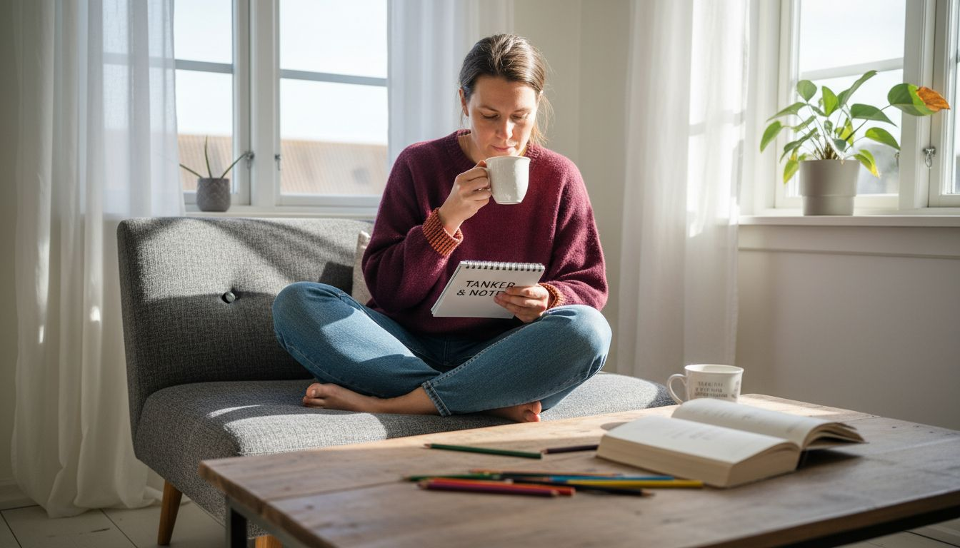 Kvinde skriver dagbog derhjemme for at få ro på tankerne og mindske stress Kvinde skriver dagbog derhjemme for at få ro på tankerne og mindske stress