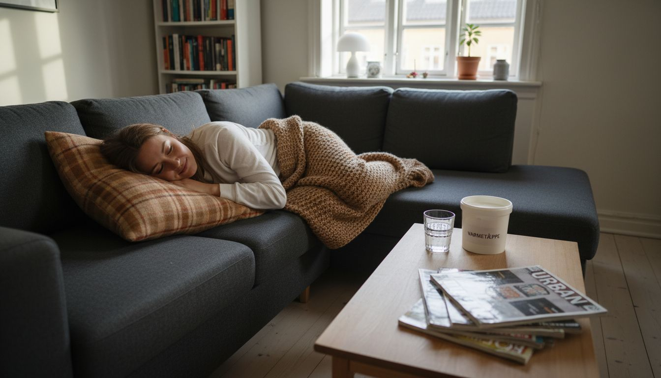 En kvinde slapper af på sofaen, mens sollyset strømmer ind gennem vinduet. En kvinde slapper af på sofaen, mens sollyset strømmer ind gennem vinduet.
