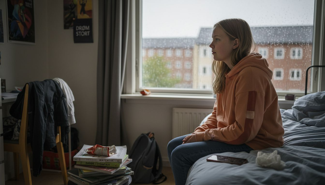 En teenagepige sidder trist ved vinduet i sit rodede værelse. En teenagepige sidder trist ved vinduet i sit rodede værelse.