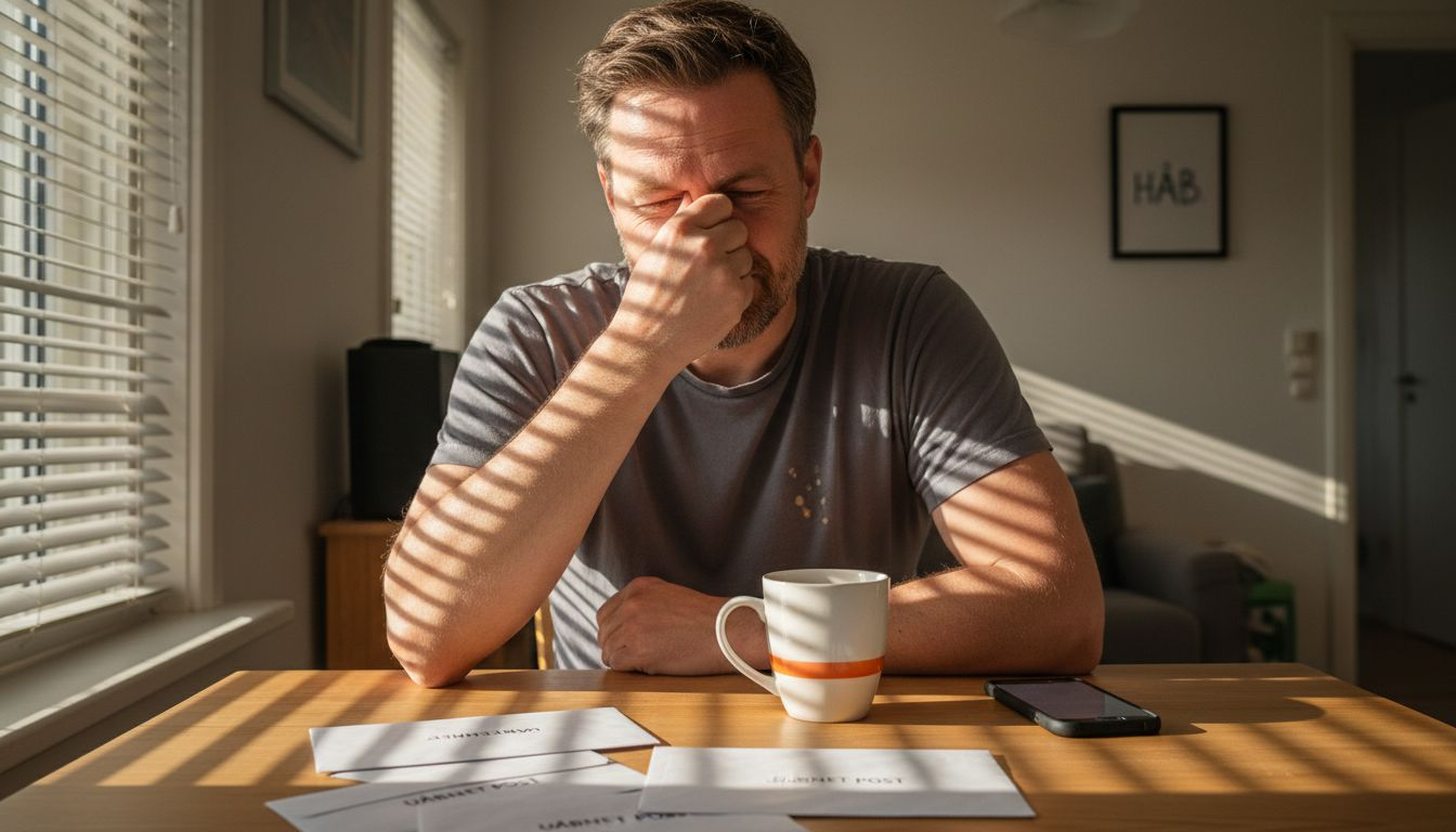 Mand sidder ved køkkenbordet, tydeligt frustreret og rastløs Mand sidder ved køkkenbordet, tydeligt frustreret og rastløs