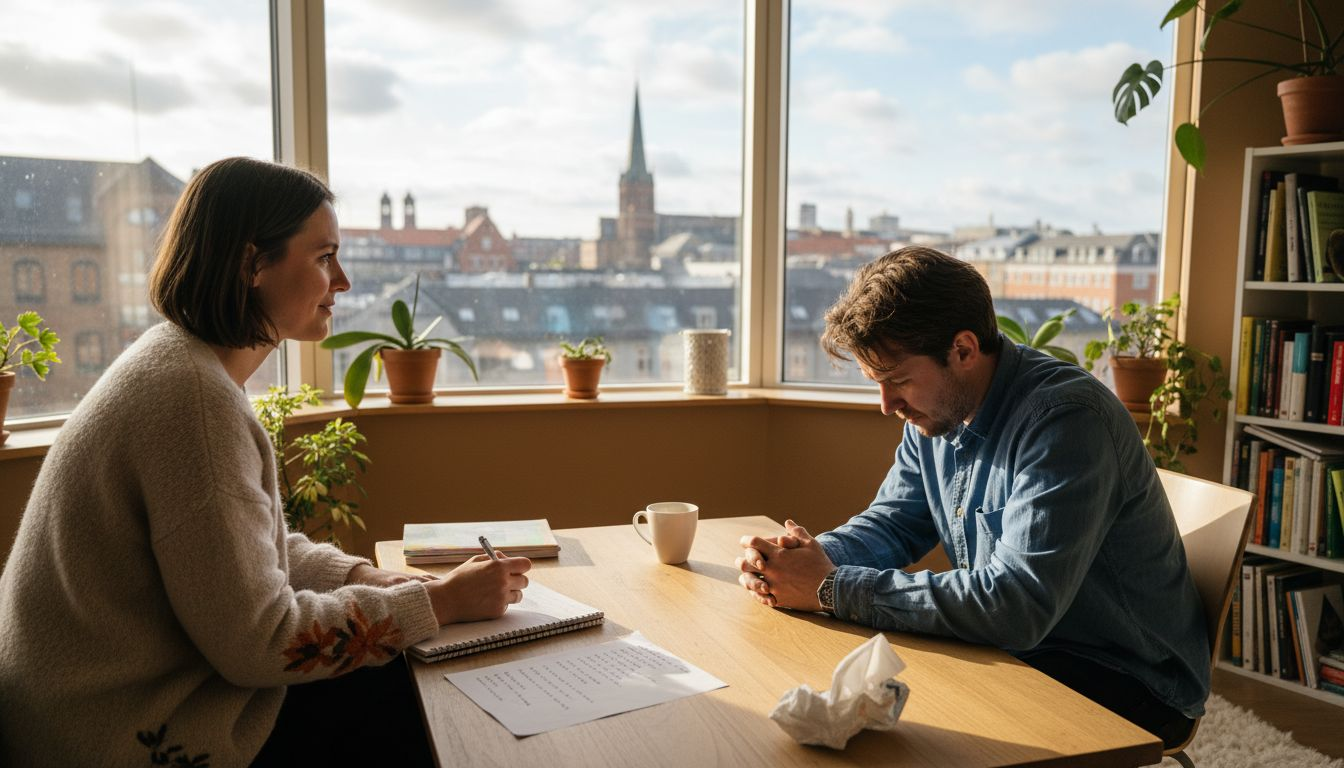Samtale mellem terapeut og klient i et kontor i byen Samtale mellem terapeut og klient i et kontor i byen