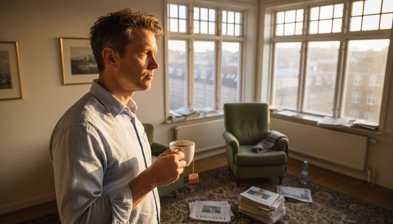 En mand står ved vinduet og lader tankerne vandre. En mand står ved vinduet og lader tankerne vandre.