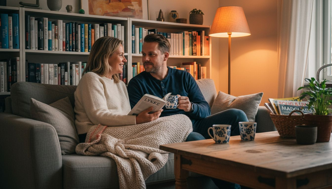 Et par sidder tæt sammen i sofaen og taler stille og roligt om dagens oplevelser. Et par sidder tæt sammen i sofaen og taler stille og roligt om dagens oplevelser.