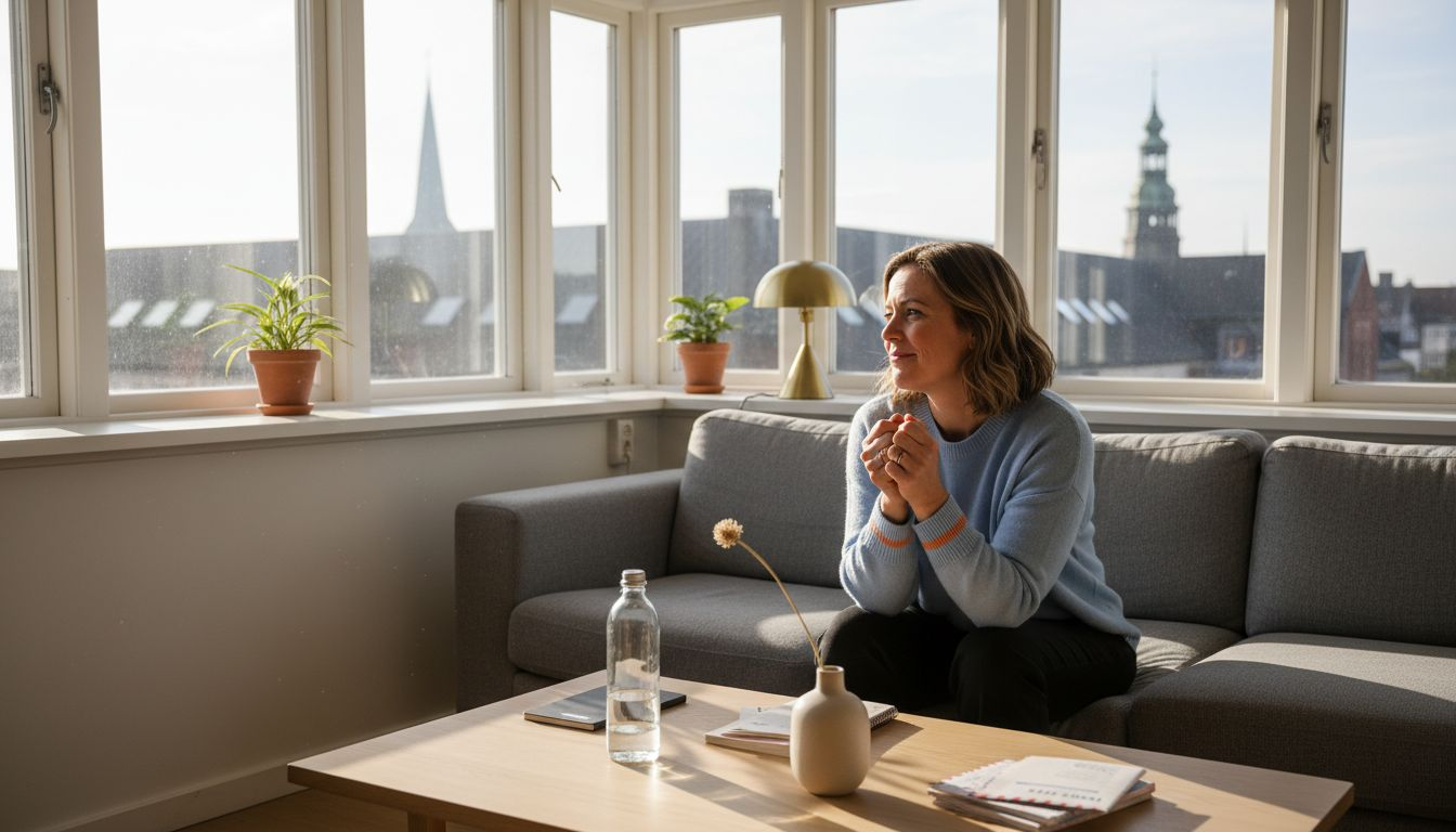 Unge kvinde i samtale med psykolog i hjertet af København Unge kvinde i samtale med psykolog i hjertet af København