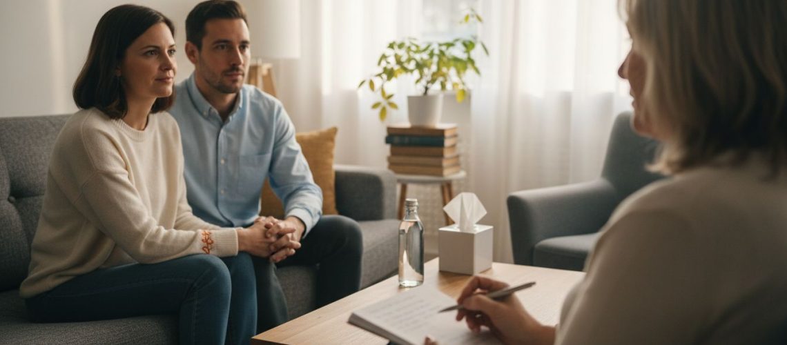 Couple and therapist in sunlit office