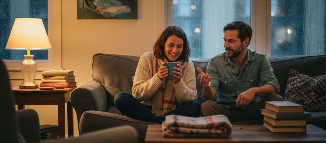 Couple talking on sofa in cozy living room