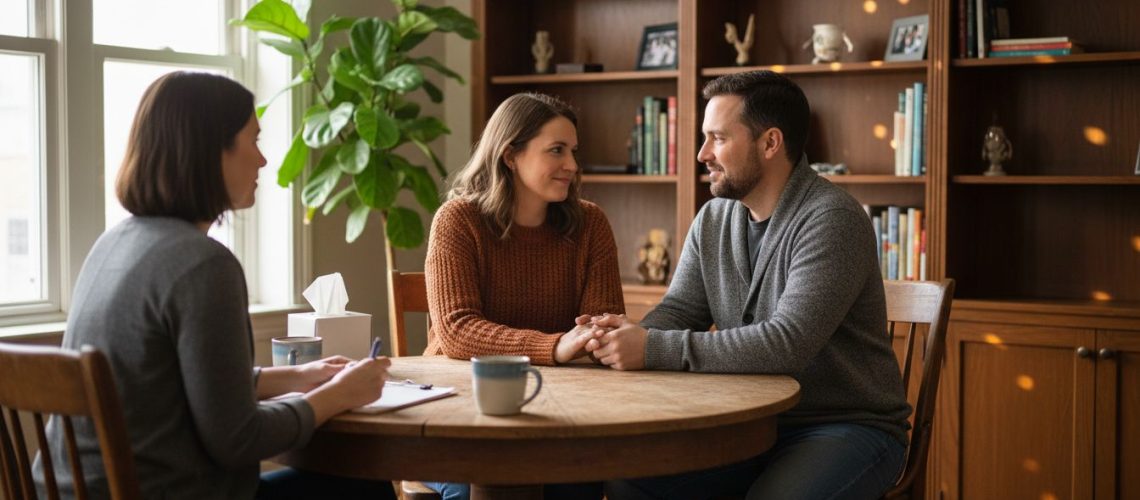 Couple and therapist in counseling session