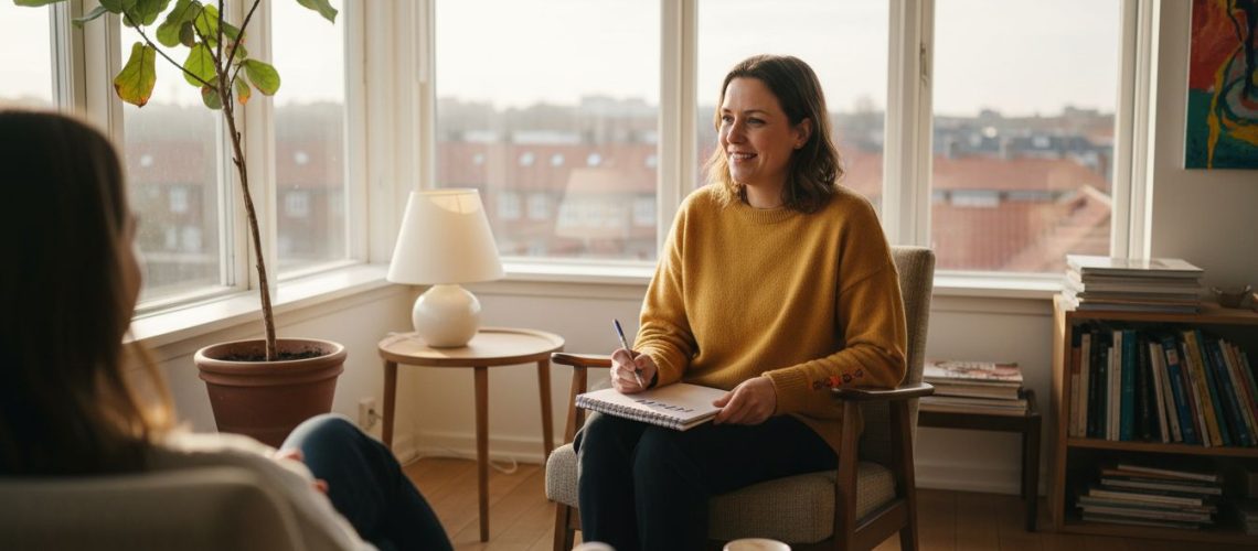 Samtale mellem psykolog og klient i hyggeligt terapilokale på Frederiksberg
