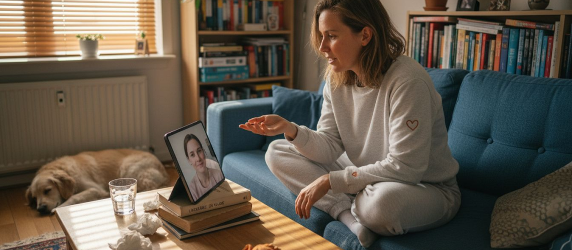 Kvinde sidder hjemme i stuen og deltager i en online terapisession