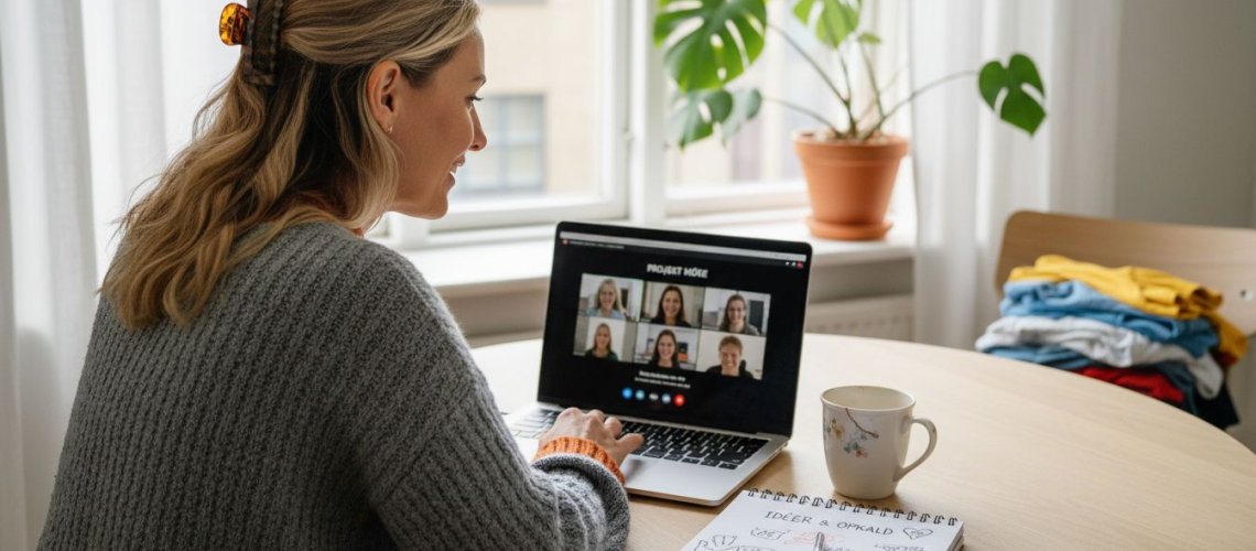 Kvinde sidder ved køkkenbordet derhjemme og har en videosamtale med sin terapeut