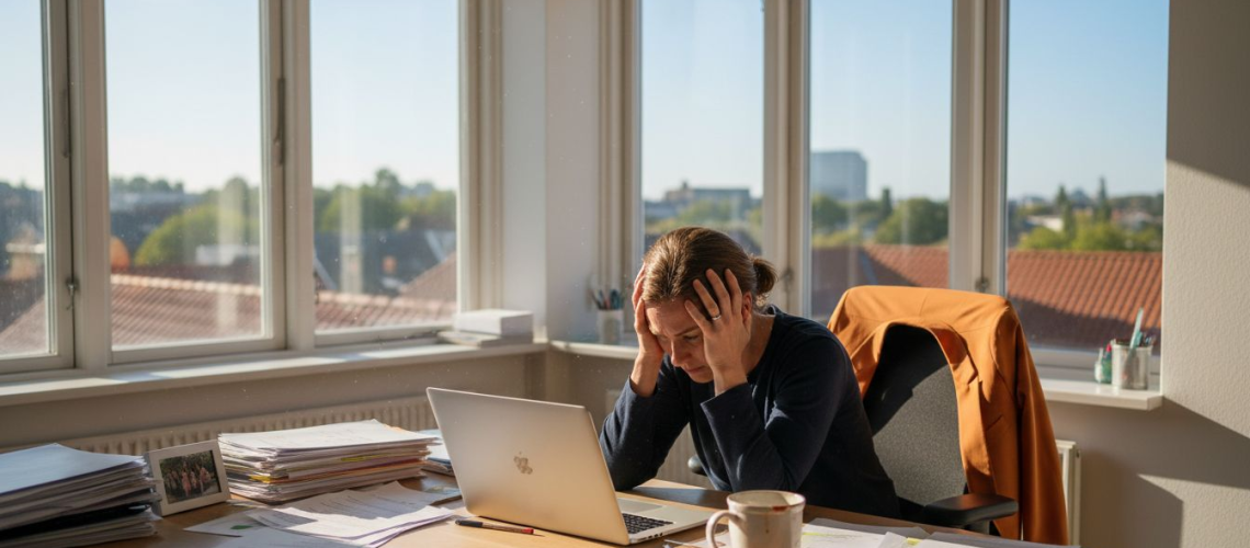En presset kvinde sidder ved sit overfyldte skrivebord i et lyst kontor, hvor solen strømmer ind gennem vinduerne.