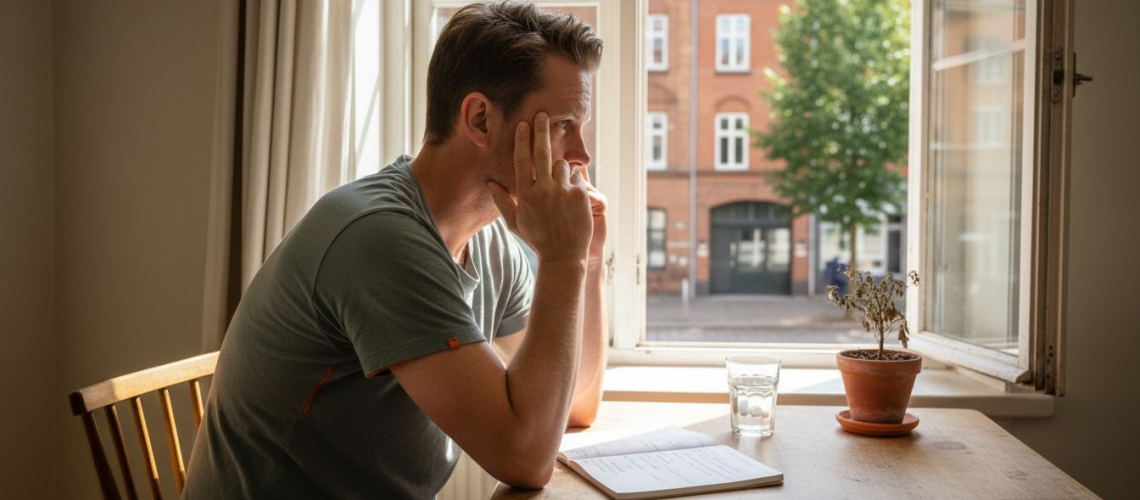 En mand sidder ved spisebordet og forsøger at finde ro midt i hverdagens stress.