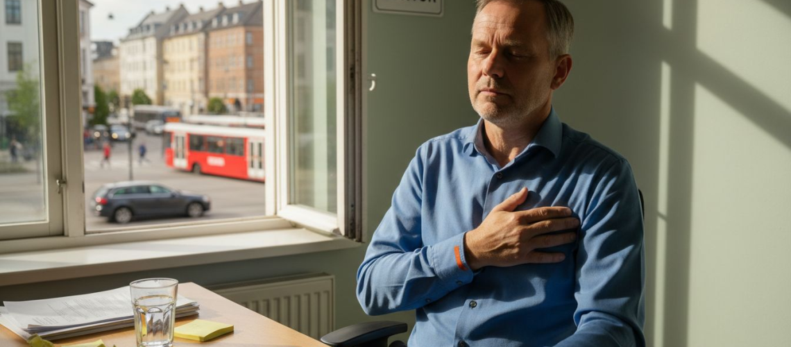 Mand på kontor ser presset ud og tager sig til brystet