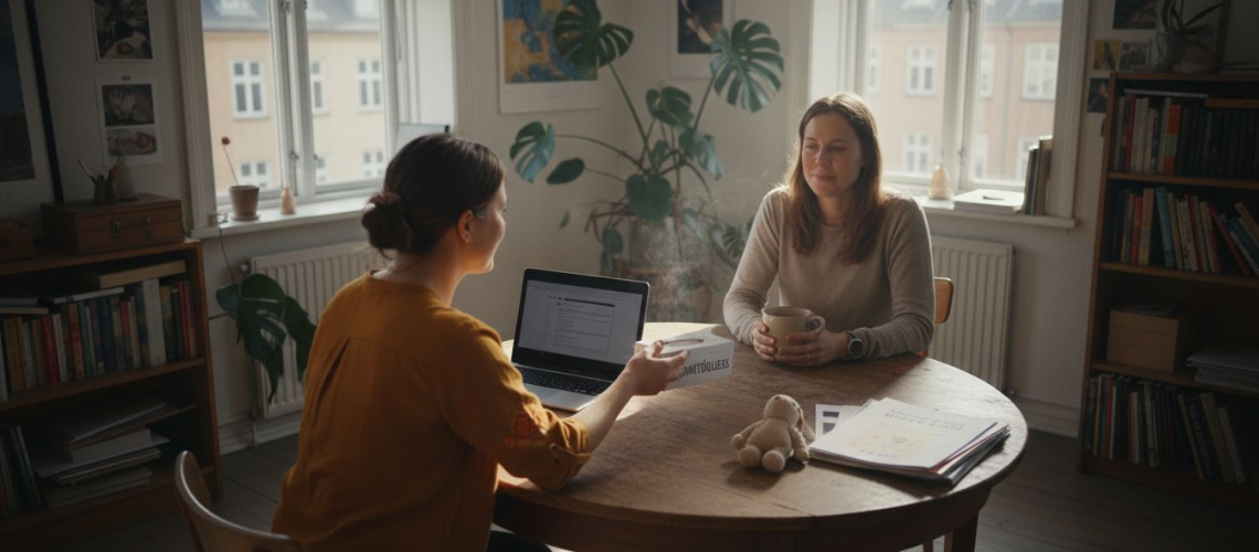 En mor sidder til samtale med psykologen på kontoret i hjørnet.