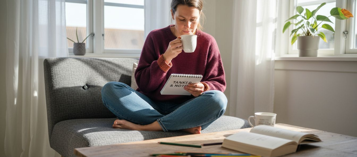 Kvinde skriver dagbog derhjemme for at få ro på tankerne og mindske stress