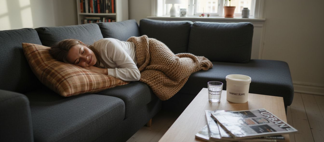 En kvinde slapper af på sofaen, mens sollyset strømmer ind gennem vinduet.