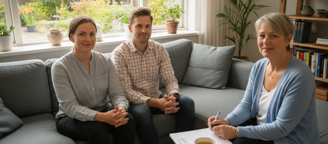 Dansk par i samtale hos parterapeut på klinik