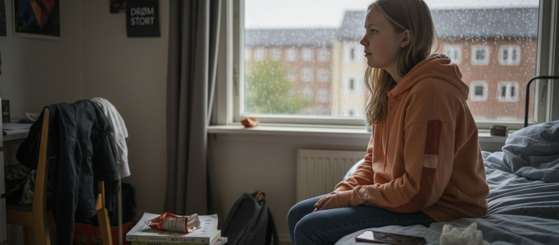 En teenagepige sidder trist ved vinduet i sit rodede værelse.