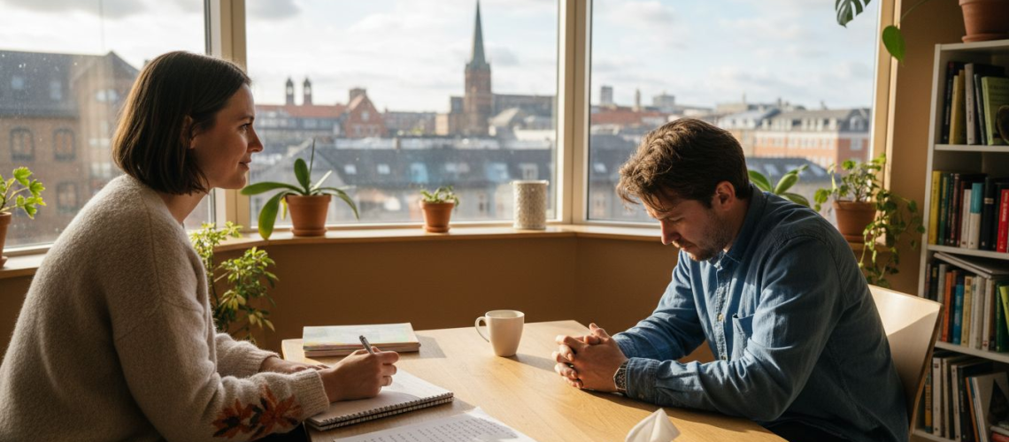 Samtale mellem terapeut og klient i et kontor i byen