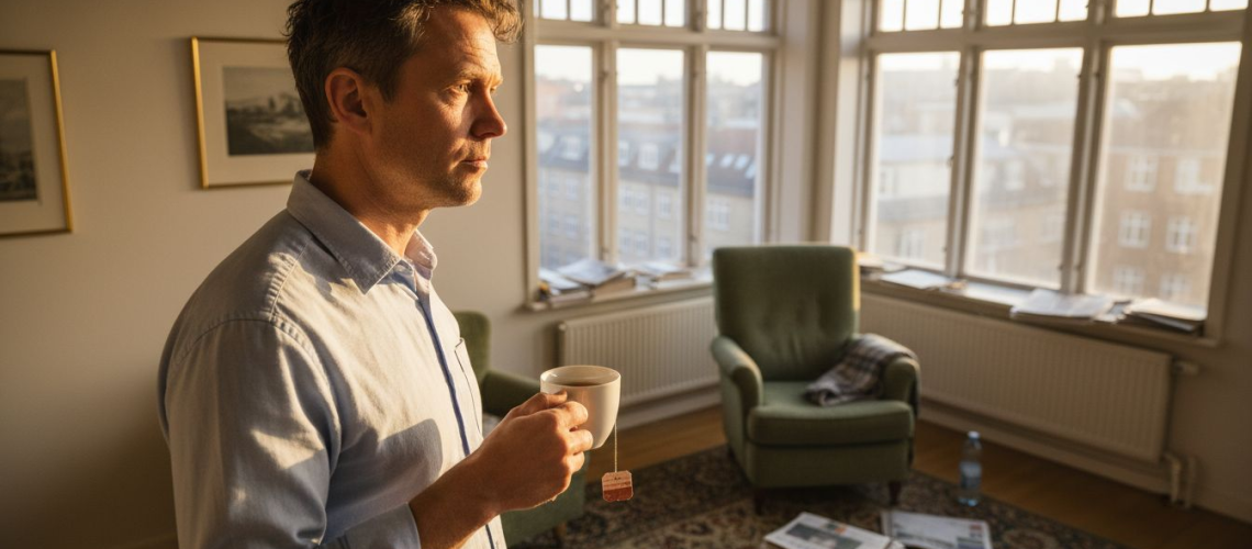 En mand står ved vinduet og lader tankerne vandre.