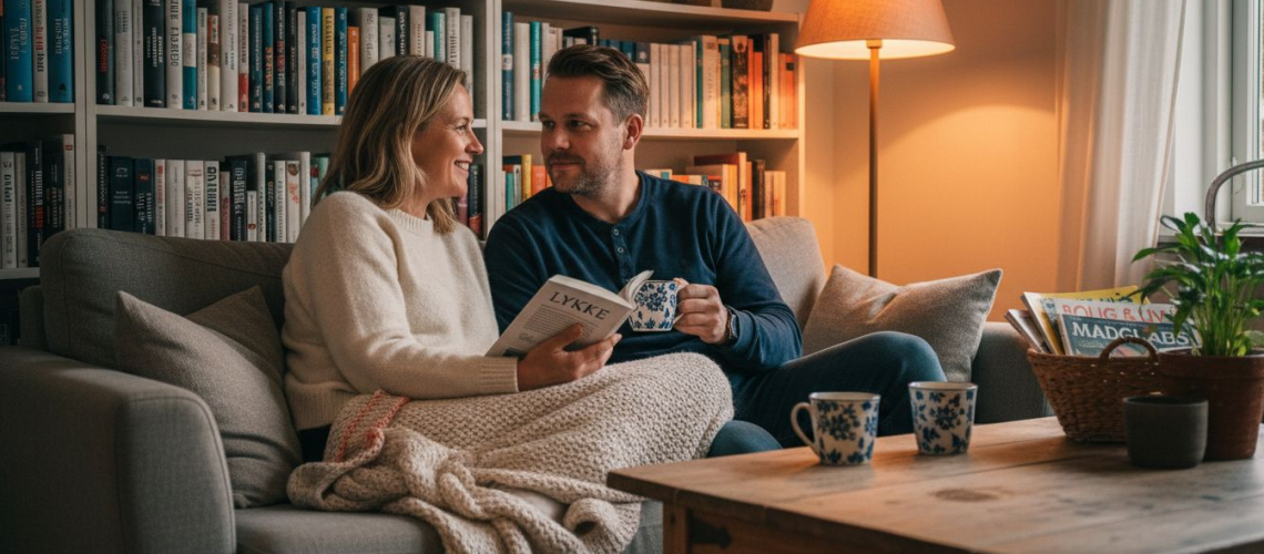 Et par sidder tæt sammen i sofaen og taler stille og roligt om dagens oplevelser.