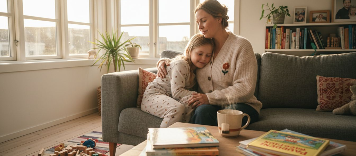 I et hyggeligt hjørne af stuen sidder mor og datter tæt sammen og nyder roen og hinandens selskab.